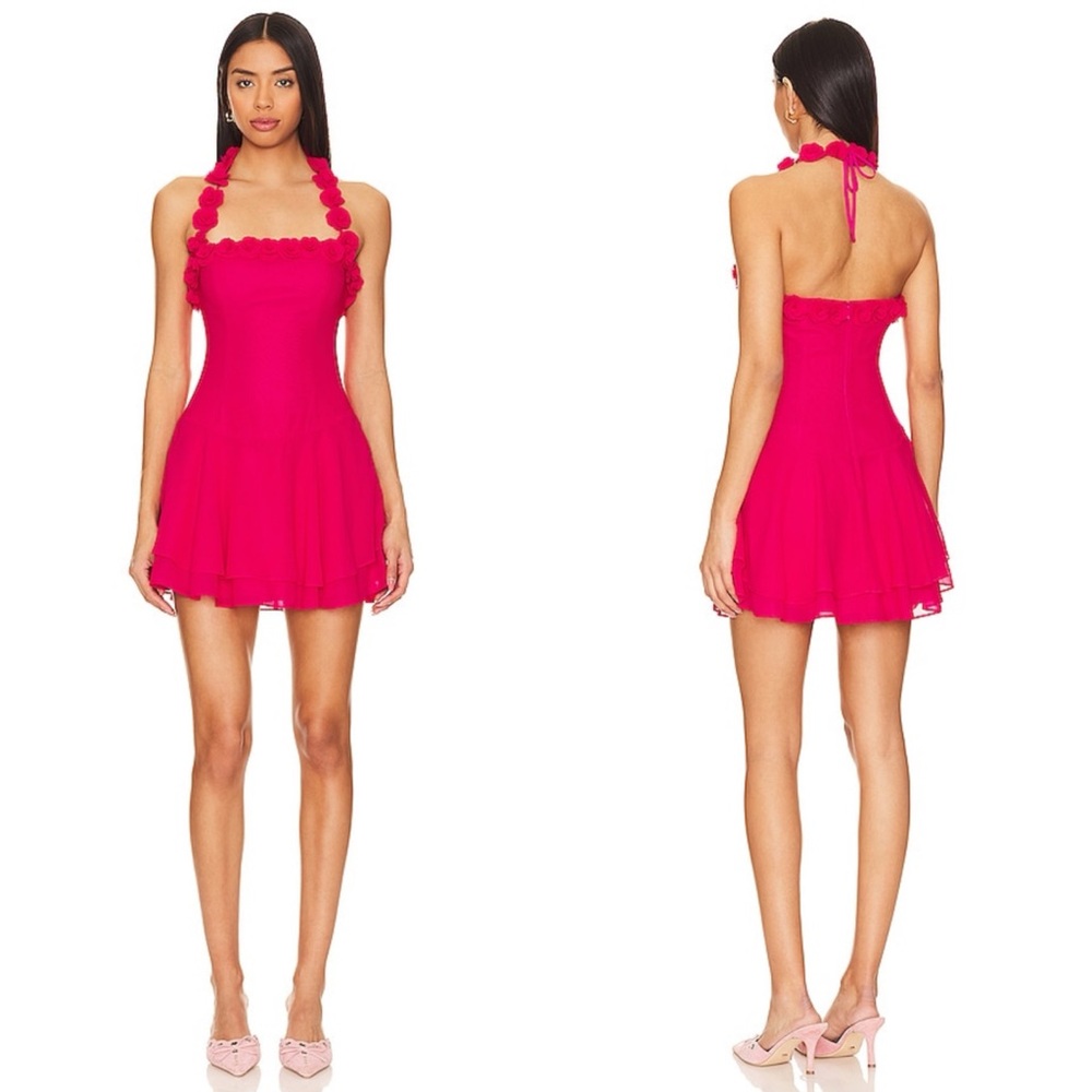 MAJORELLE Scalloped Halter Mini Dress in Hot Pink